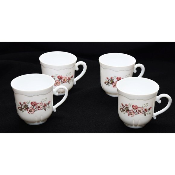 Arcopal France 4 Champetre Coffee Tea Mugs Cups White Swirl Blue& Pink Flowers#1 - Picture 1 of 5